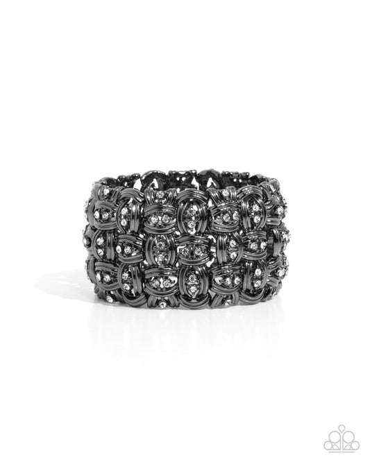 Woven Wardrobe - Black - Gunmetal & White Rhinestone Stretchy Bracelet - Paparazzi Accessories