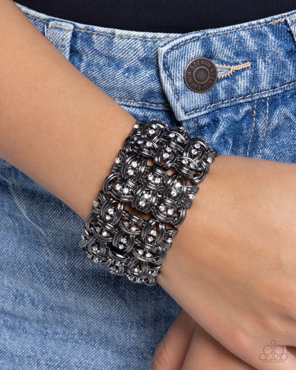 Woven Wardrobe - Black - Gunmetal & White Rhinestone Stretchy Bracelet - Paparazzi Accessories