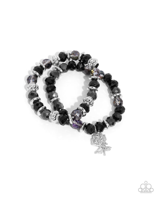 Beauty Contest - Black Faceted Bead Silver Rose Charm Stretchy Bracelet - Paparazzi Accessories