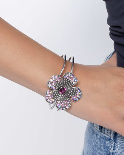 Bedazzled Bloom - Purple Rhinestone Flower Hinge Bracelet - Paparazzi Accessories