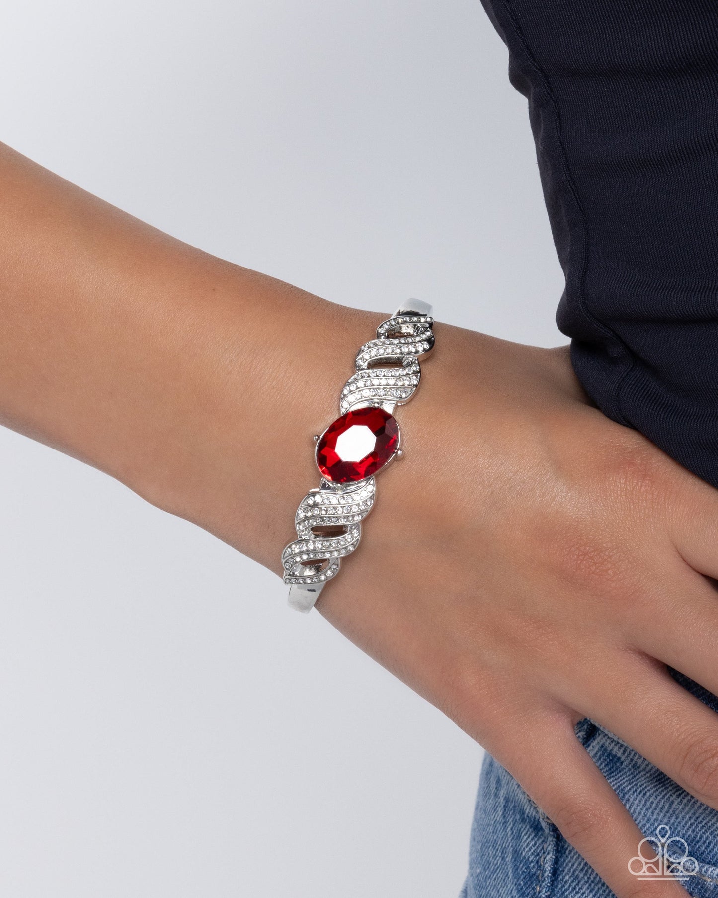 Sentimental Society - Red Gem Silver Cuff Bracelet - Paparazzi Accessories