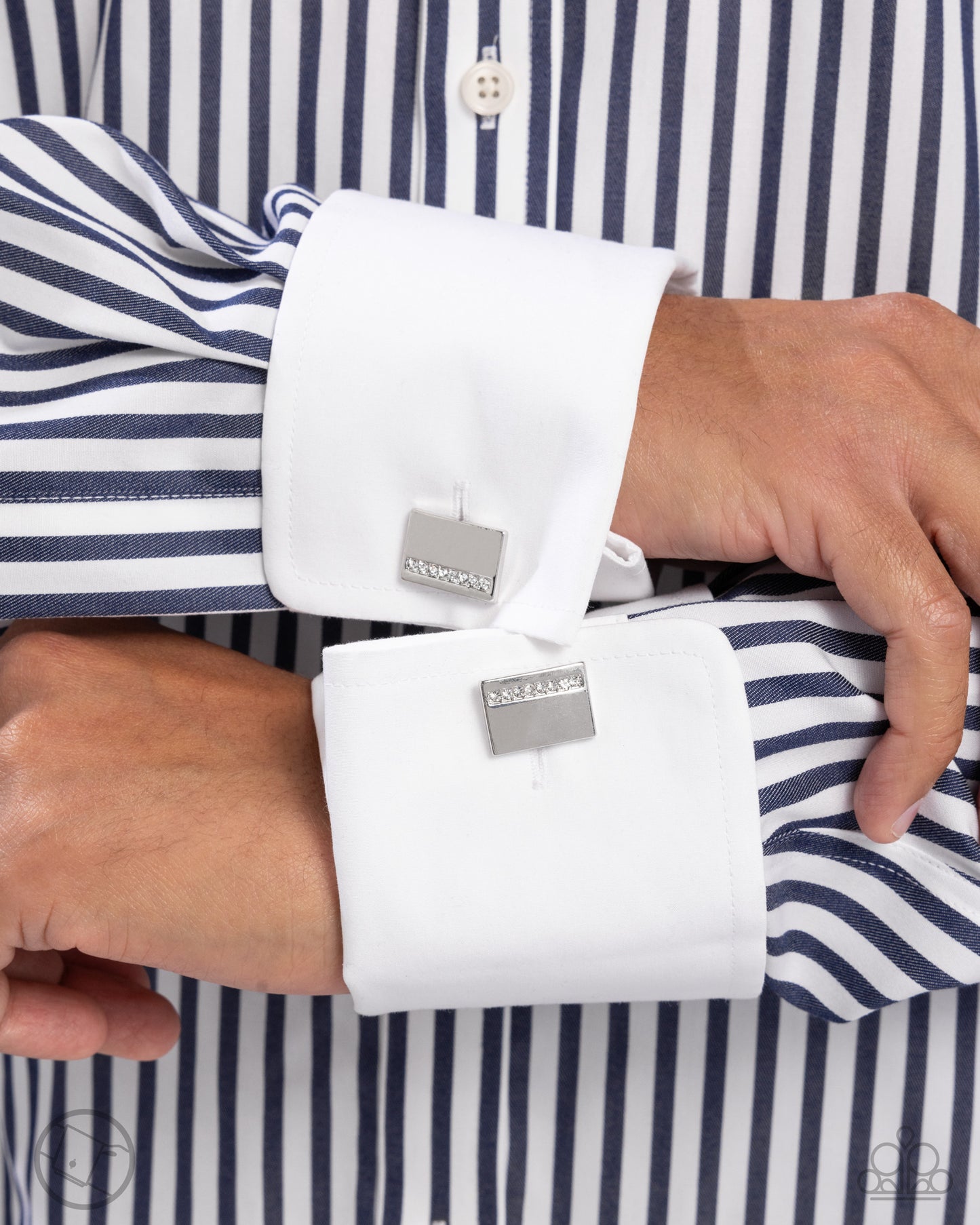 Lined Leader - White Rhinestone Silver Cuff Links - Paparazzi Accessories