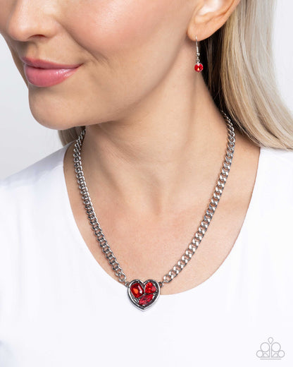 Tasteful Triad - Red Rhinestone Heart Silver Necklace - Paparazzi Accessories