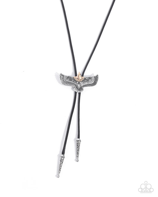 Eagle Emblem - Black Cord Silver Eagle Bolo Necklace - Paparazzi Accessories