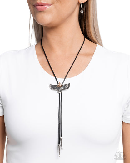 Eagle Emblem - Black Cord Silver Eagle Bolo Necklace - Paparazzi Accessories