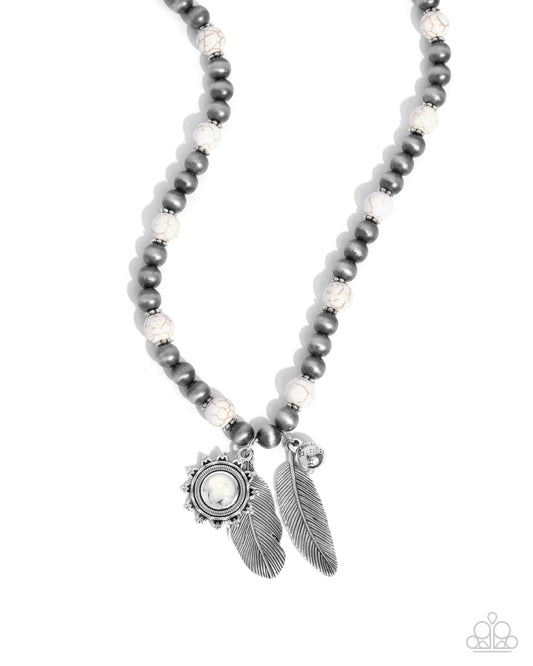 Steady Stones - White Crackle Stone & Silver Feather Pendant Necklace - Paparazzi Accessories