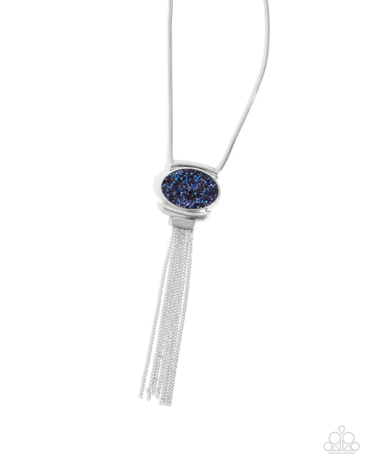 Chained Complication - Blue Druzy Rhinestone Pendant Silver Necklace - Paparazzi Accessories