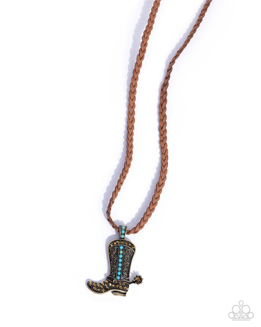 Stony Spur - Brass Cowboy Boot Braided Leather Necklace - Paparazzi Accessories