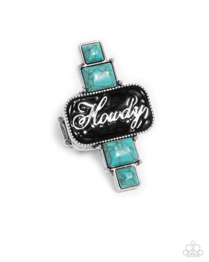 Howdy Holiday - Blue Turquoise Stone Black Enamel Silver "Howdy" Ring - Paparazzi Accessories