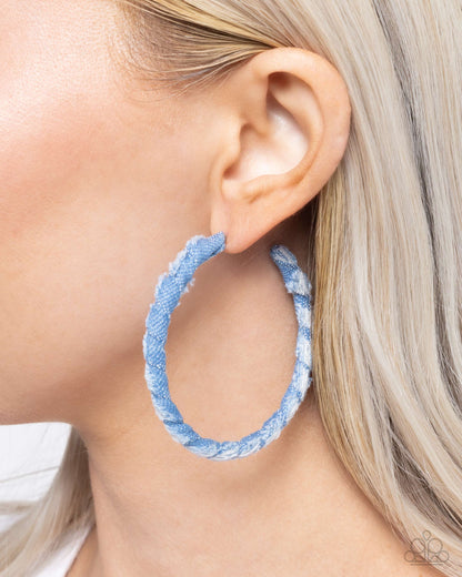 Denim Debut - Blue Denim Fabric Wrapped Hoop Earrings - Paparazzi Accessories