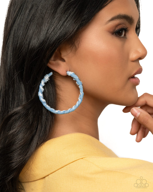 Denim Debut - Blue Denim Fabric Wrapped Hoop Earrings - Paparazzi Accessories