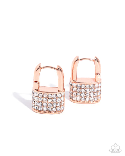 Locked Luxury - Copper "Lock", White Rhinestone Hinge Hoop Earrings - Paparazzi Accessories