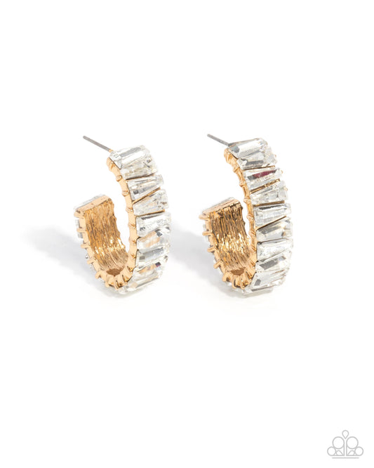 Permissible Pizzazz - Gold White Rhinestone Hoop Earrings - Paparazzi Accessories