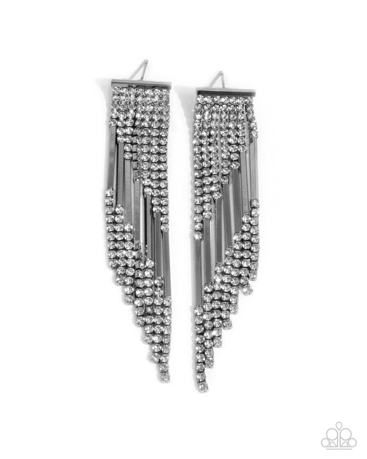 Careless Cascade - Black Gunmetal White Rhinestone Fringe Post Earrings - Paparazzi Accessories