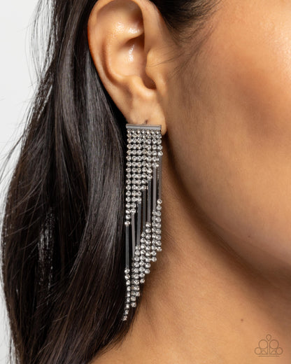 Careless Cascade - Black Gunmetal White Rhinestone Fringe Post Earrings - Paparazzi Accessories