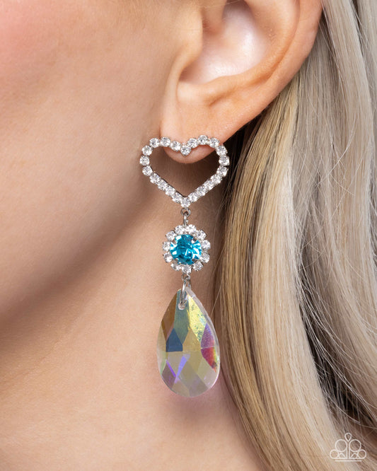 Faceted Frenzy - Blue Rhinestone Iridescent Crystal White Rhinestone Heart Post Earrings - Paparazzi Accessories
