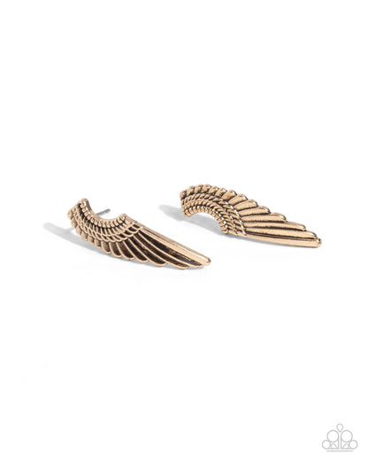 Angelic Altitude - Gold Angel Wing Post Earrings - Paparazzi Accessories