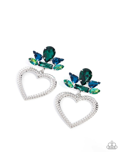 Pushing Perfection - Multi Blue & Green Gem Silver Heart Post Earrings - Life of the Party Exclusive - Paparazzi Accessories