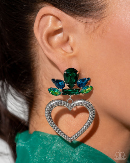 Pushing Perfection - Multi Blue & Green Gem Silver Heart Post Earrings - Life of the Party Exclusive - Paparazzi Accessories