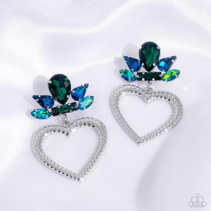 Pushing Perfection - Multi Blue & Green Gem Silver Heart Post Earrings - Life of the Party Exclusive - Paparazzi Accessories