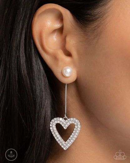 Valentines Vision - White Pearl Silver Heart Double Sided Post Earrings - Paparazzi Accessories
