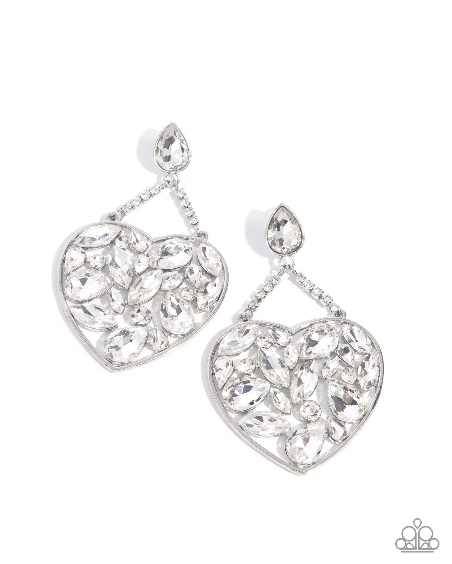 Glittery Gait - White Rhinestone Silver Chandelier Heart Post Earrings - Life of the Part Exclusive - Paparazzi Accessories