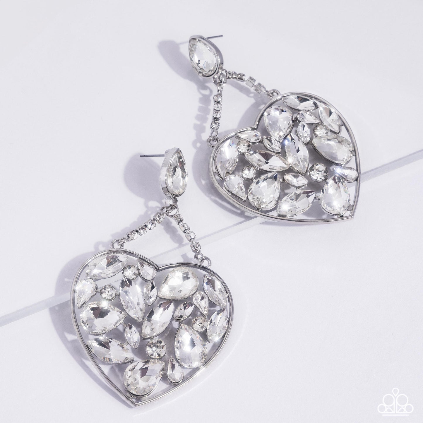 Glittery Gait - White Rhinestone Silver Chandelier Heart Post Earrings - Life of the Part Exclusive - Paparazzi Accessories