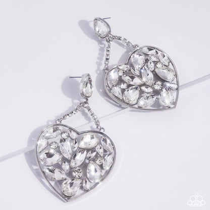 Glittery Gait - White Rhinestone Silver Chandelier Heart Post Earrings - Life of the Part Exclusive - Paparazzi Accessories