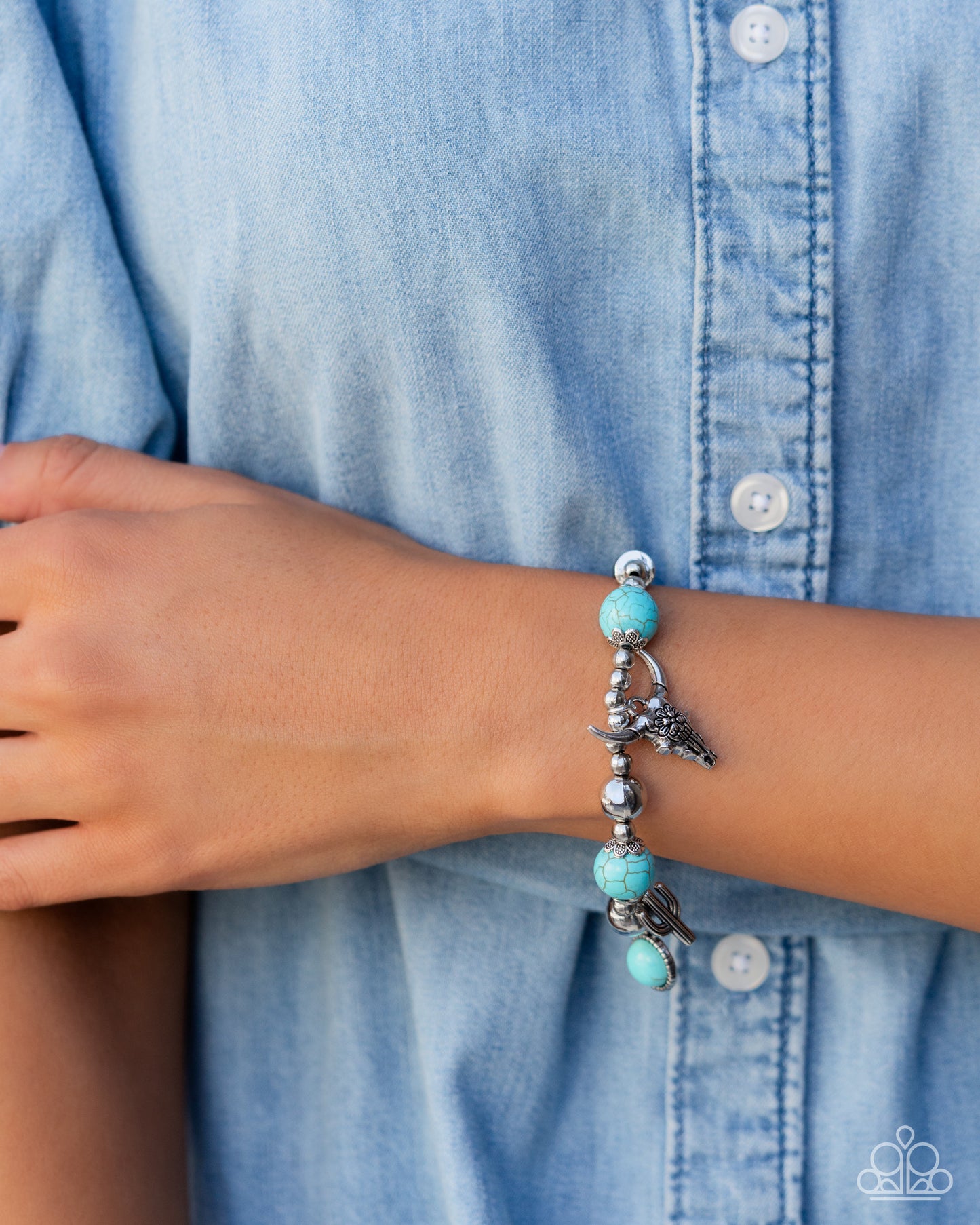 Western Welcome - Blue Stone Longhorn & Cactus Charm Stretchy Bracelet - Convention Exclusive 2024 - Paparazzi Accessories