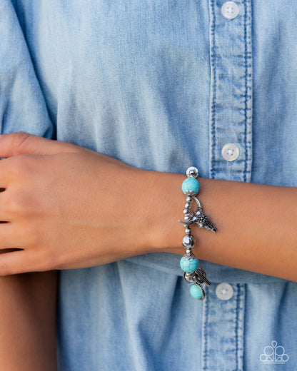 Western Welcome - Blue Stone Longhorn & Cactus Charm Stretchy Bracelet - Convention Exclusive 2024 - Paparazzi Accessories