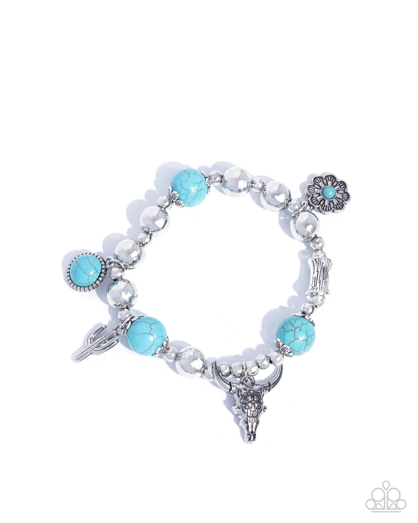 Western Welcome - Blue Stone Longhorn & Cactus Charm Stretchy Bracelet - Convention Exclusive 2024 - Paparazzi Accessories