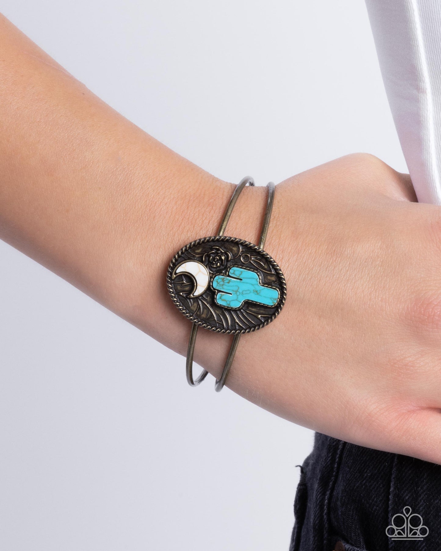 Journey to the West - Brass & Crackle Stone Cactus Moon Cuff Bracelet - Paparazzi Accessories