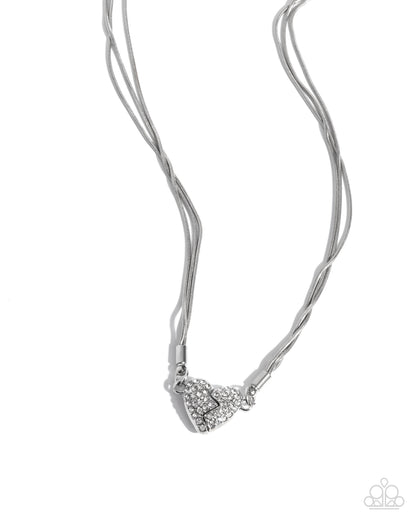Heartbroken Bling - White Rhinestone Silver Magnetic Heart Necklace - Paparazzi Accessories