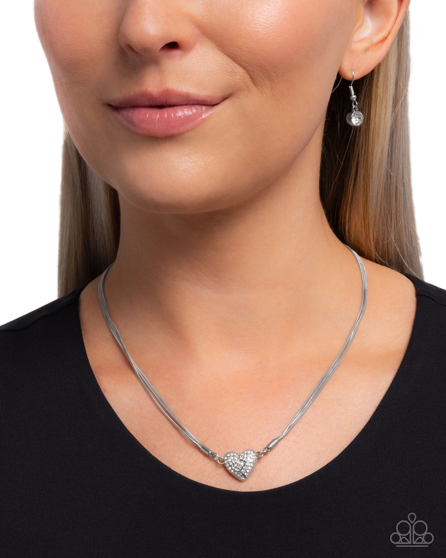 Heartbroken Bling - White Rhinestone Silver Magnetic Heart Necklace - Paparazzi Accessories