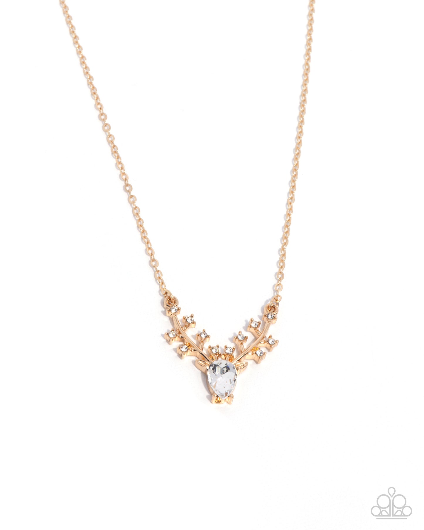 Sacred Stag - Gold & White Rhinestone Reindeer Necklace - Paparazzi Accessories