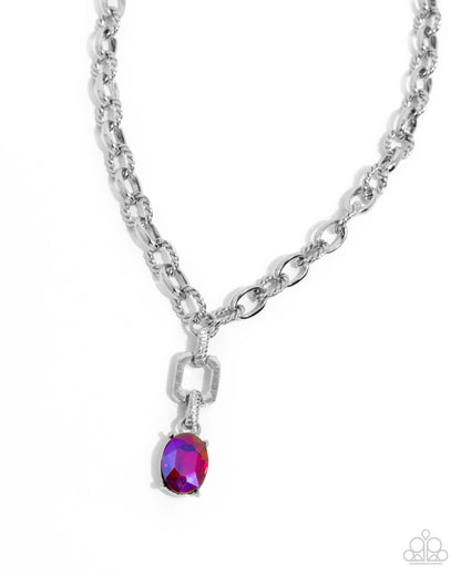 Refulgent Recognition - Pink Iridescent Rhinestone Silver Chain Necklace - Paparazzi Accessories