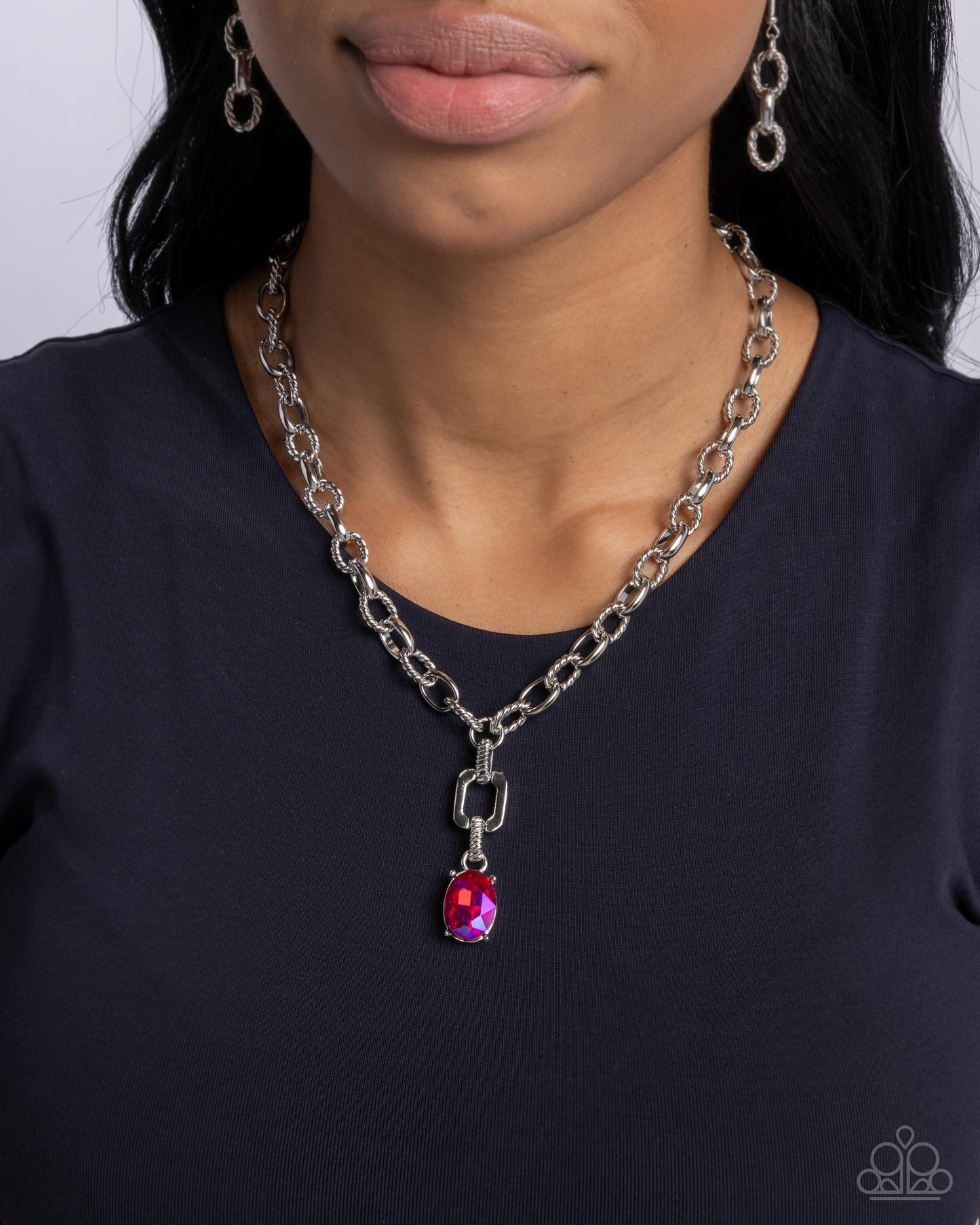 Refulgent Recognition - Pink Iridescent Rhinestone Silver Chain Necklace - Paparazzi Accessories