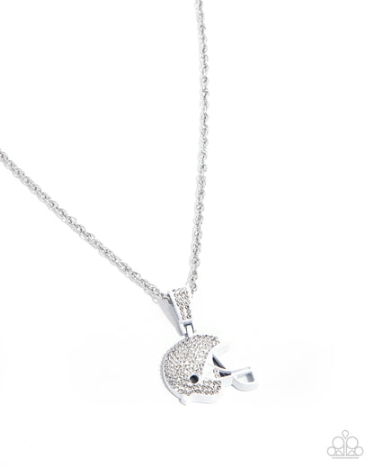 Helmet Headline - White Dipped Metal Rhinestone Football Helmet Necklace - Paparazzi Accessories