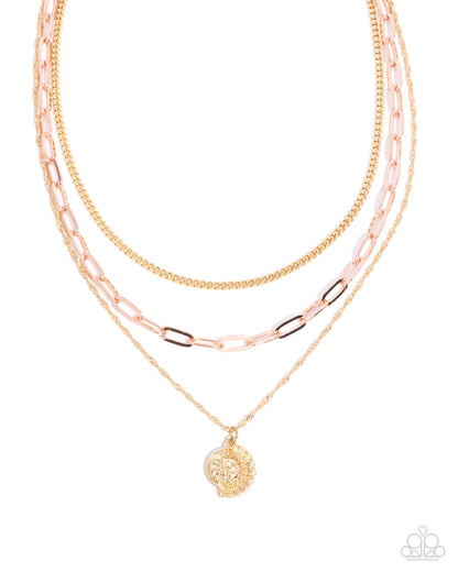 Ready for Fame - Gold & Copper Layered Chain Sun & Moon Pendant Necklace - Paparazzi Accessories