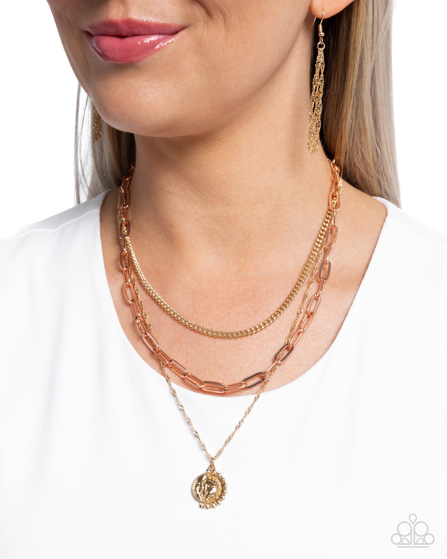 Ready for Fame - Gold & Copper Layered Chain Sun & Moon Pendant Necklace - Paparazzi Accessories