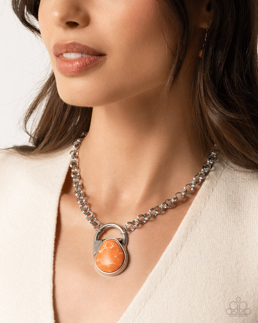 Change of Country - Orange Marbled Stone Padlock-inspired Pendant Silver Necklace - Paparazzi Accessories
