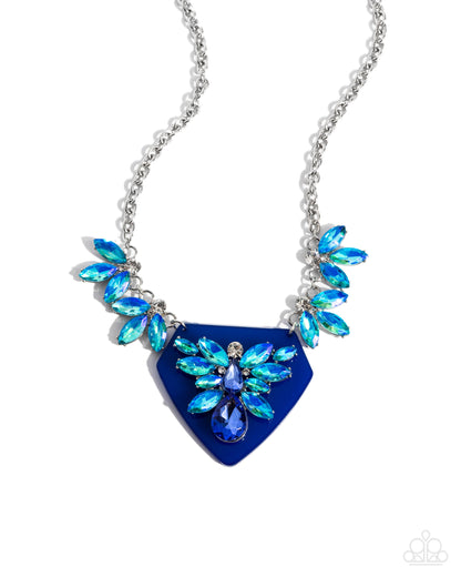 Scintillating Shield - Blue Opalescent Rhinestone Necklace - Paparazzi Accessories