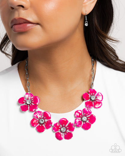 Eternal Efflorescence - Pink Painted Flowers Silver Necklace - Paparazzi Accessories