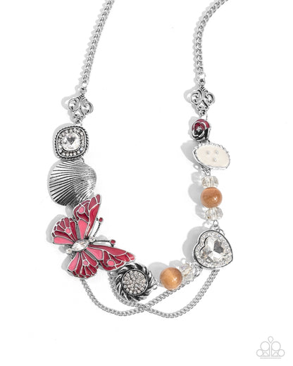 Whimsical Whisper - Red Enamel Butterfly Silver Necklace - Paparazzi Accessories