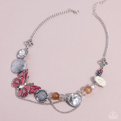 Whimsical Whisper - Red Enamel Butterfly Silver Necklace - Paparazzi Accessories