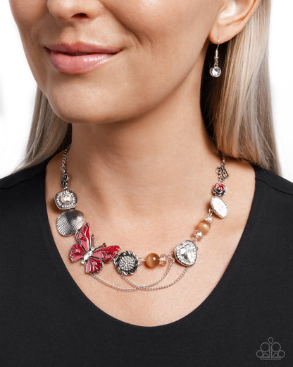 Whimsical Whisper - Red Enamel Butterfly Silver Necklace - Paparazzi Accessories