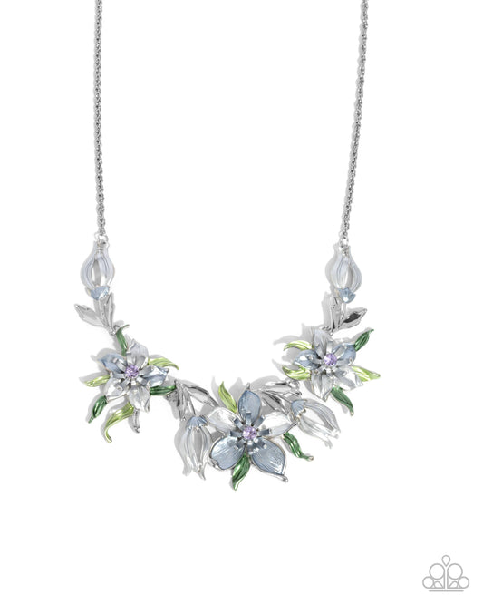 Floral Protocol - Blue Painted Silver Flower Necklace - Paparazzi Accessories