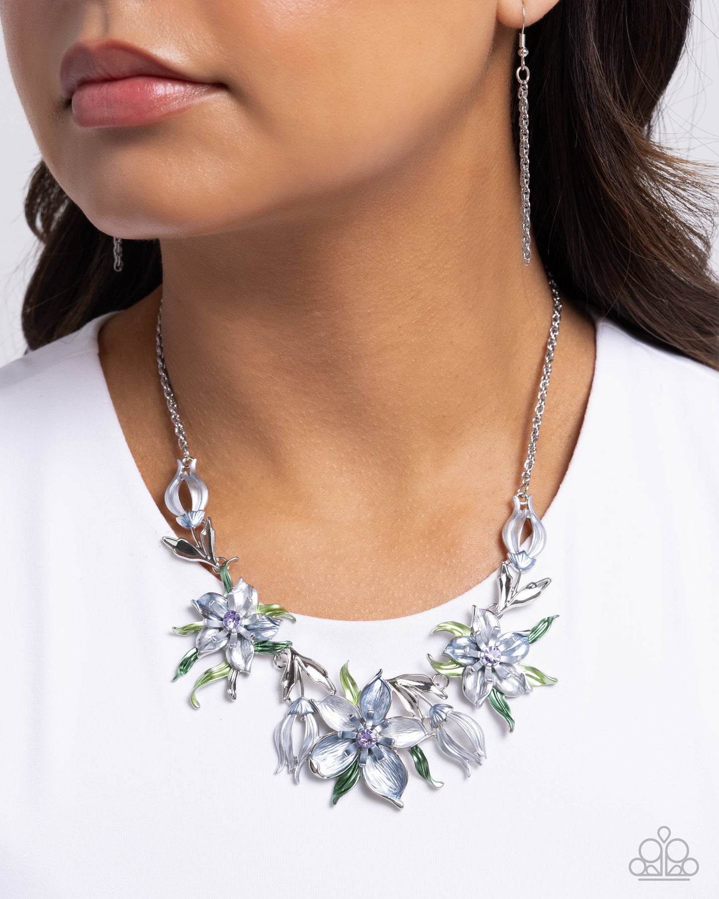 Floral Protocol - Blue Painted Silver Flower Necklace - Paparazzi Accessories