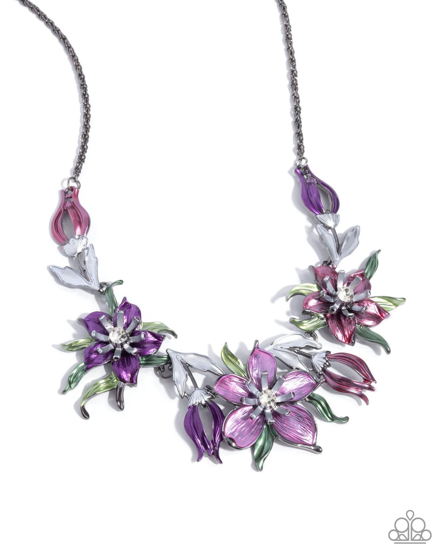 Floral Protocol - Multi Floral Painted Gunmetal Necklace - Life of the Party Exclusive - Paparazzi Accessories