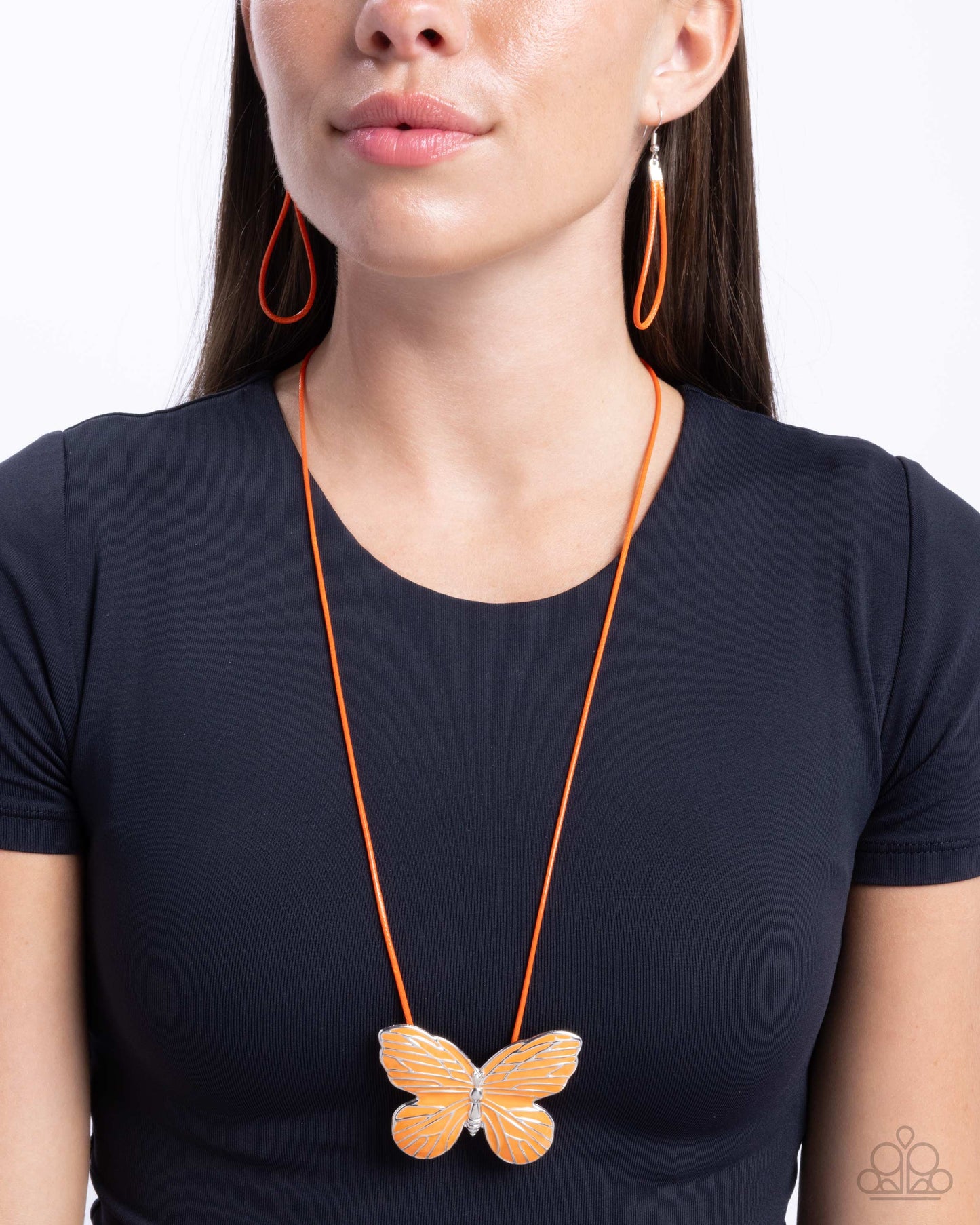 Fluttering Fervor - Orange Enamel Silver Butterfly Tie Necklace - Paparazzi Accessories